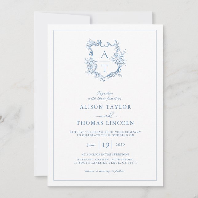 Faire-part de mariage avec code QR Monogramme Bleu (Devant)