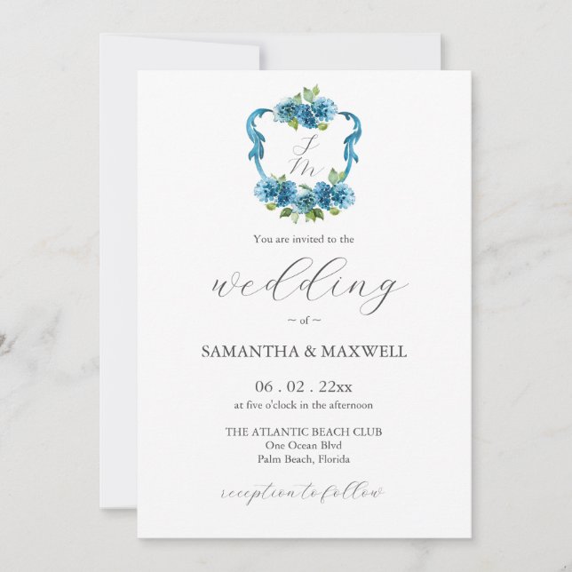 Faire-part de mariage avec hydrangea et monogramme (Devant)