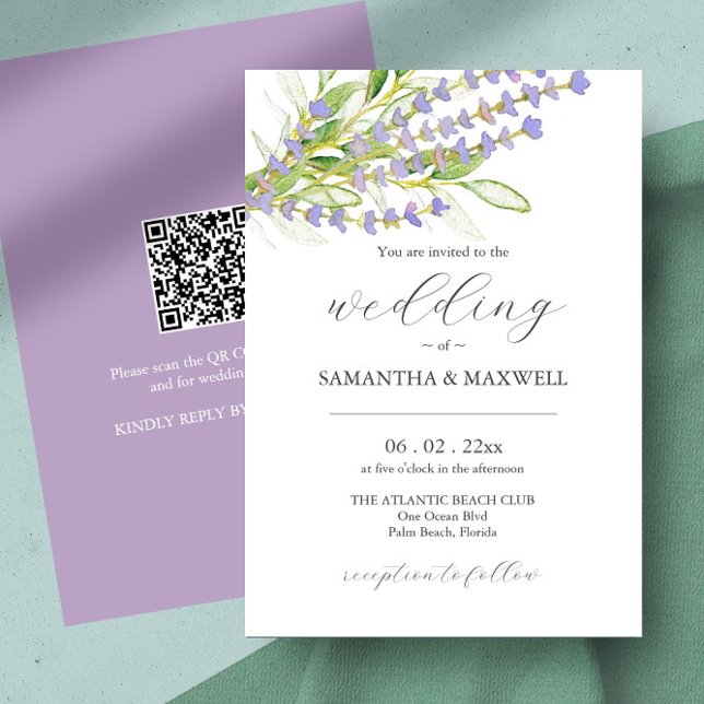 Faire-part de mariage avec Lavande Botanique Code  (Eco friendly wedding invitation QR code features watercolor lavender art by Victoria Grigaliunas)