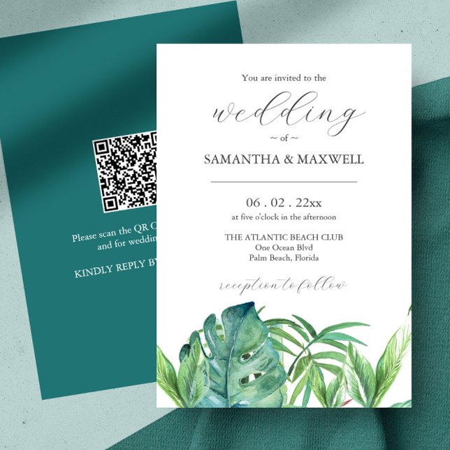 Faire-part de mariage avec QR Code Feuilles tropic (Affordable destination wedding ideas feature tropical watercolor art by Victoria Grigaliunas )