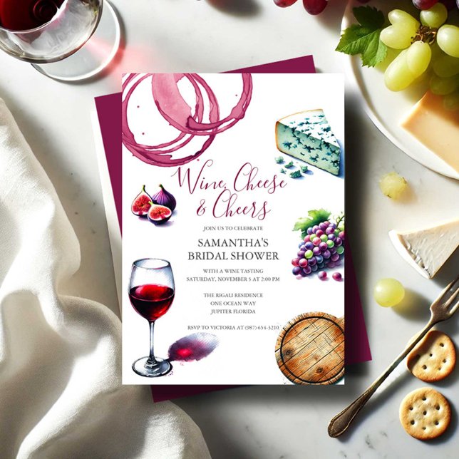 Faire-part de mariage avec vin et fromage (Bridal shower invitations wine & cheese tasting watercolor charcuterie design Victoria Grigaliunas )