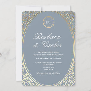 Faire-part de mariage baroque bleu poussiéreux or