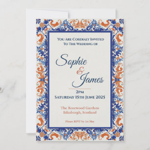 Faire-part de mariage baroque orné bleu vintage or