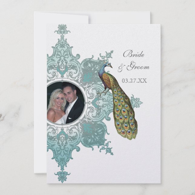 Faire-part de mariage baroque Peacock - Aqua Blue (Devant)