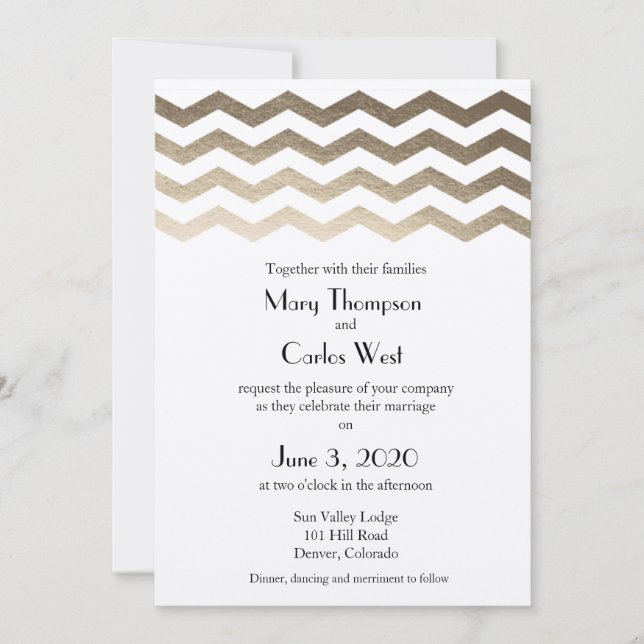 Faire-part de mariage bilingue d'Ecru Chevron d'or (Devant)