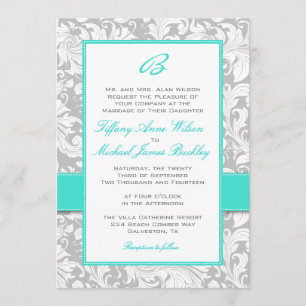 Faire-part de mariage blanc argenté de turquoise