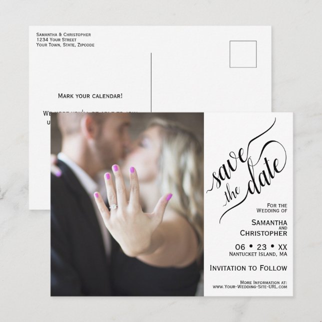Faire-part de mariage blanc avec photo et calligra (Devant / Derrière)
