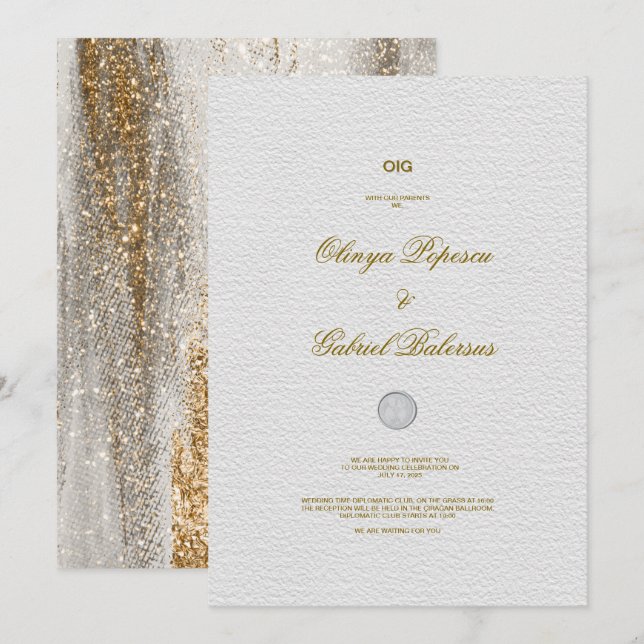 Faire-part de mariage blanc avec pinceau or (Devant / Derrière)