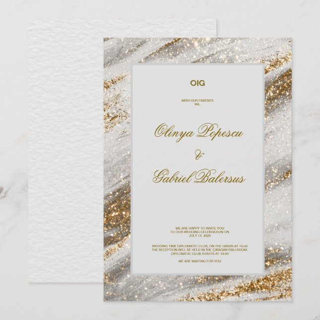 Faire-part de mariage blanc avec pinceau or (Devant / Derrière)