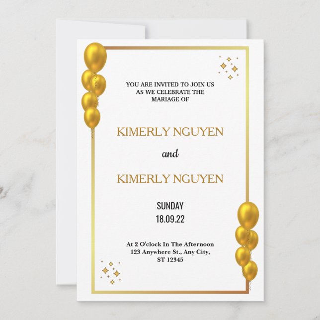 Faire-part de mariage blanc de bordures d'or (Devant)