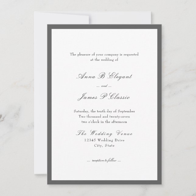 Faire-part de mariage blanc gris script classique (Devant)