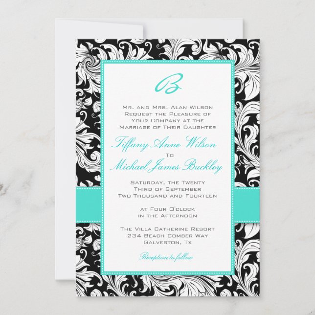 Faire-part de mariage blanc noir de turquoise de (Devant)