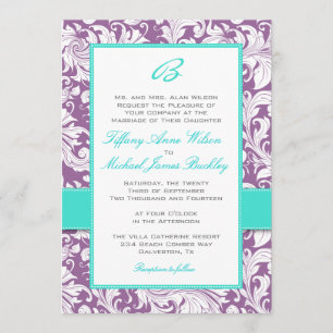 Faire-part de mariage blanc pourpre de turquoise