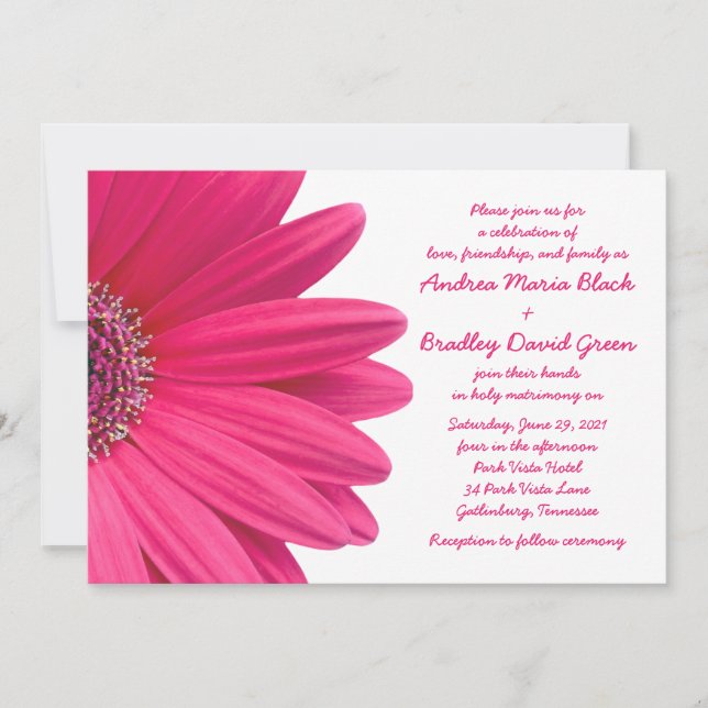 Faire-part de mariage blanc rose chaud Gerbera Dai (Devant)