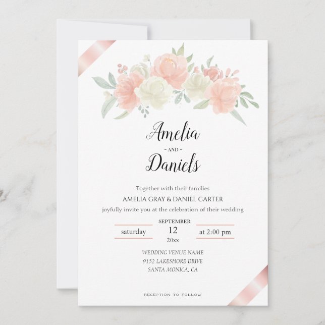Faire-part de mariage blanc rose ruban en or rose (Devant)