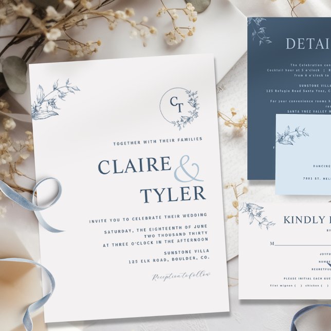 Faire-part de mariage bleu à monogramme moderne él (Créateur téléchargé)