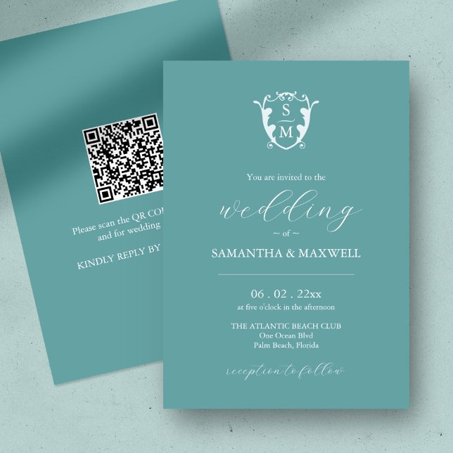 Faire-part de mariage bleu avec code QR (QR code wedding invitation blue minimalistic custom monogram crest )