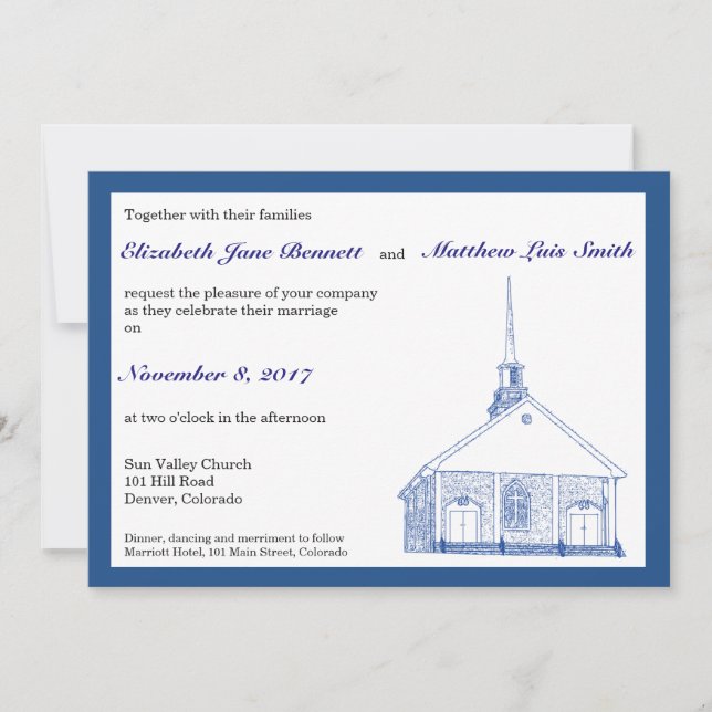 Faire-part de mariage bleu bilingue de chapelle (Devant)