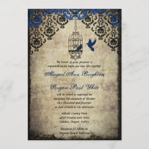 Faire-part de mariage bleu de cru de cage à
