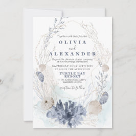 Faire-part de mariage bleu de plage de coquillages