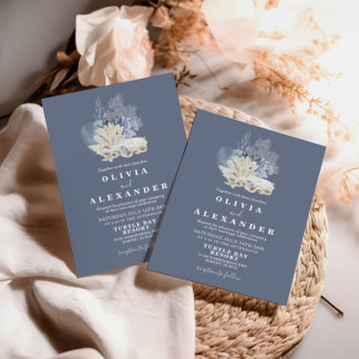 Faire-part de mariage bleu de plage de coquillages