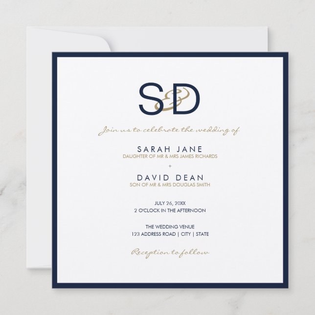 Faire-part de mariage bleu et blanc LUXE Monogramm (Devant)
