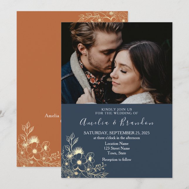Faire-part de mariage bleu marine en dentor (Devant / Derrière)