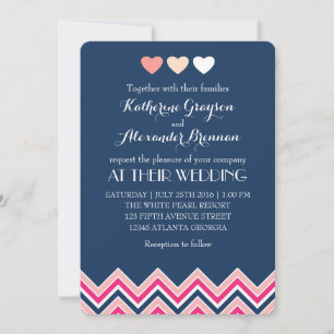Faire-part de mariage bleu marine et rose à chevro
