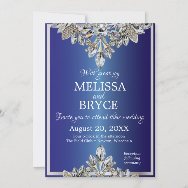 Faire-part de mariage bleu royal avec diamants (Devant)