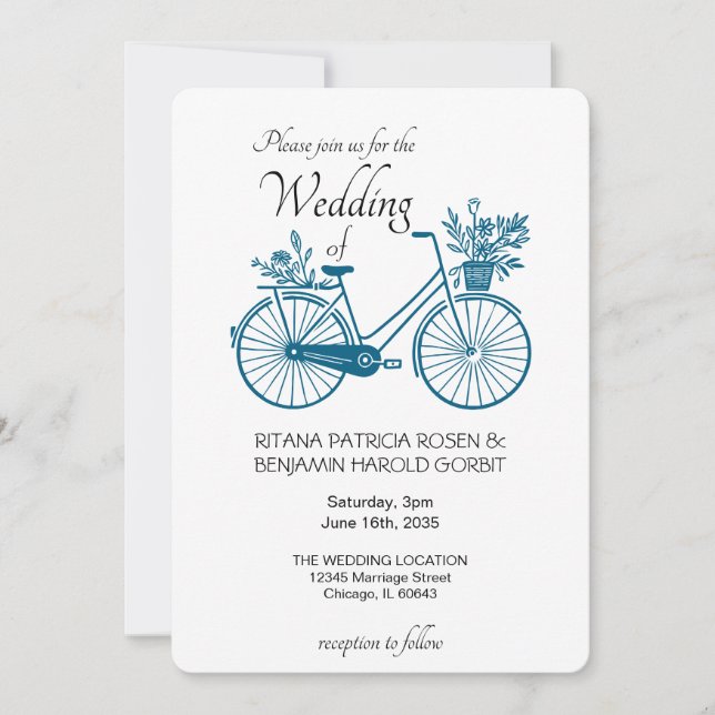 Faire-part de mariage Bleu Simple Vélo (Devant)