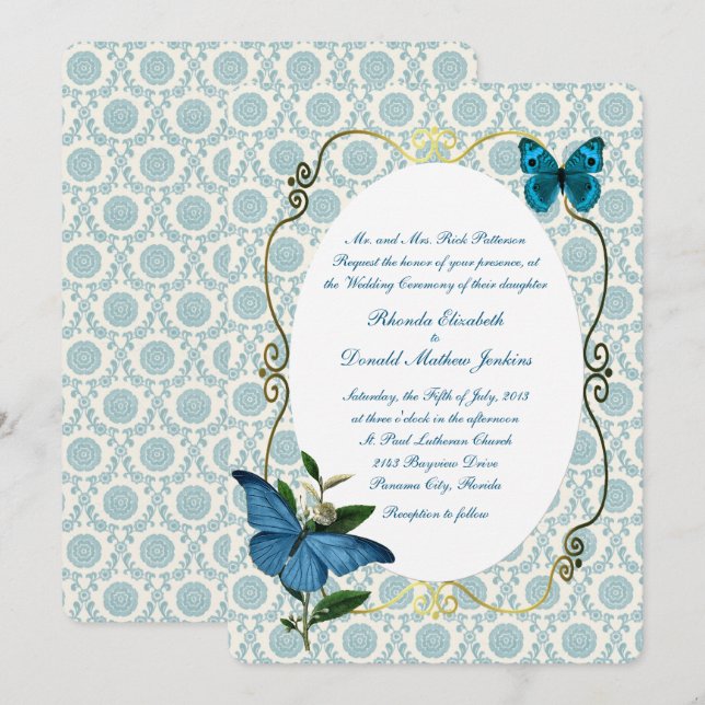 Faire-part de mariage bleu vintage de papillons (Devant / Derrière)
