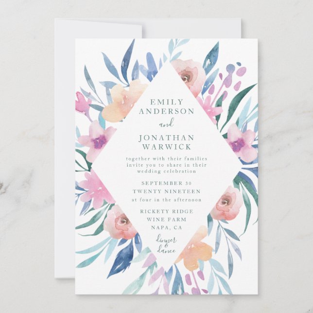 Faire-part de mariage bleu violet d'aquarelle (Devant)