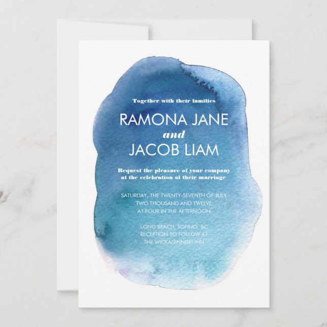 Faire-part de mariage bleu Watercolor (Devant)