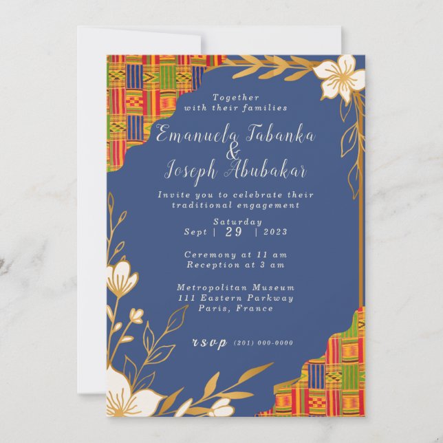 Faire-part de mariage Blue Kente, Invitation afroc (Devant)
