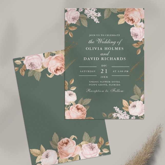 Faire-Part de Mariage Bohème Fleurs de Pivoines Ve (Boho Sage Green Peonies Wedding Invitation on table)