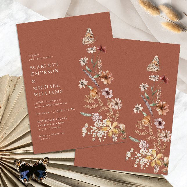Faire-part de mariage bohème rustique en terre cui (Terracotta Rustic Boho Floral Wedding Invitations with Butterfly by Painted Paperie
)