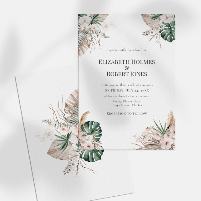 Faire-Part de Mariage Boho Orchidée Tropicale & Mo (Boho Tropical Orchid & Monstera Wedding Invitation on a white sunny table.)