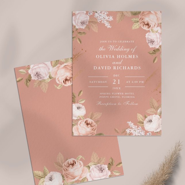 Faire-part de mariage Boho Pink Peonies (Boho Pink Peonies Wedding Invitation on a table)