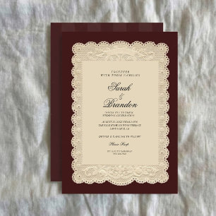 Faire-part de mariage bordeaux dentelle en papier 