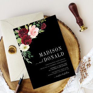 faire-part de mariage bordeaux floral noir