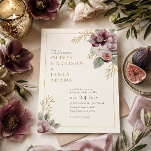 Faire-part de mariage botanique aux tons prune et