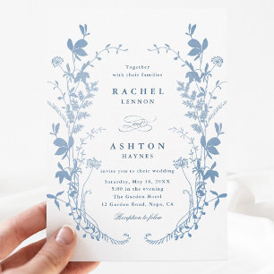 Faire-part de mariage botanique bleu français élég