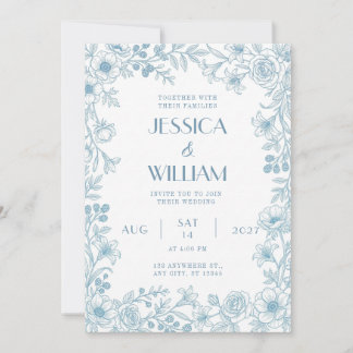 Faire-part de mariage botanique bleu poussiéreux