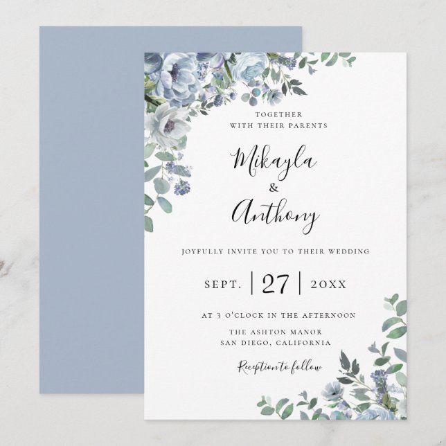 Faire-part de mariage botanique floral bleu Poudre (Devant / Derrière)
