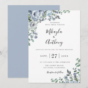 Faire-part de mariage botanique floral bleu Poudre