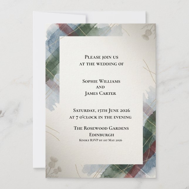 Faire-part de mariage botanique Tartan Bleu (Devant)