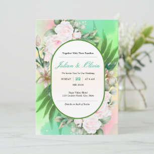 Faire-part de mariage botanique vert menthe et ros