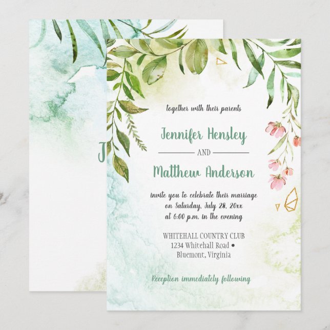 Faire-part de mariage Botaniques Pink Green Gold (Devant / Derrière)