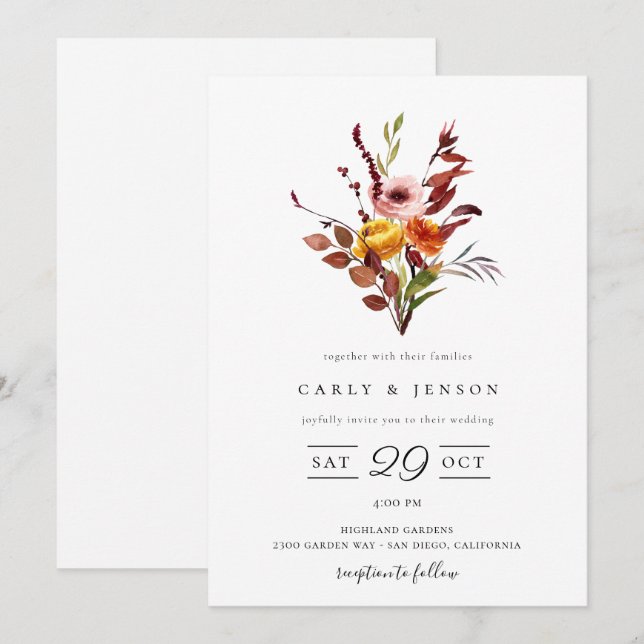 Faire-part de mariage bouquet aquarelle automnal é (Devant / Derrière)