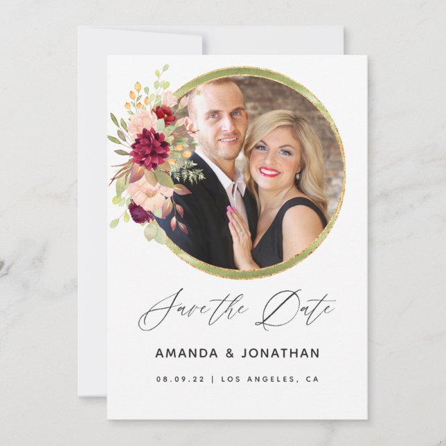 Faire-part de mariage Bourgogne-Marsala et géométr (Devant)